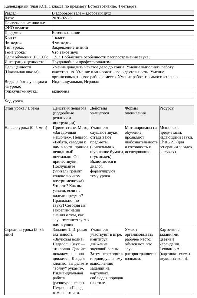 КСП Естествознание 1 класс 4 четверть Что такое звук docx (урок 1)