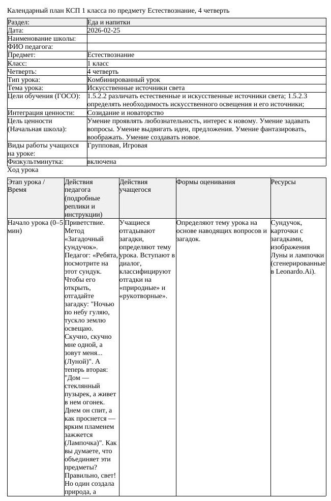 КСП Естествознание 1 класс 4 четверть Искусственные источники света