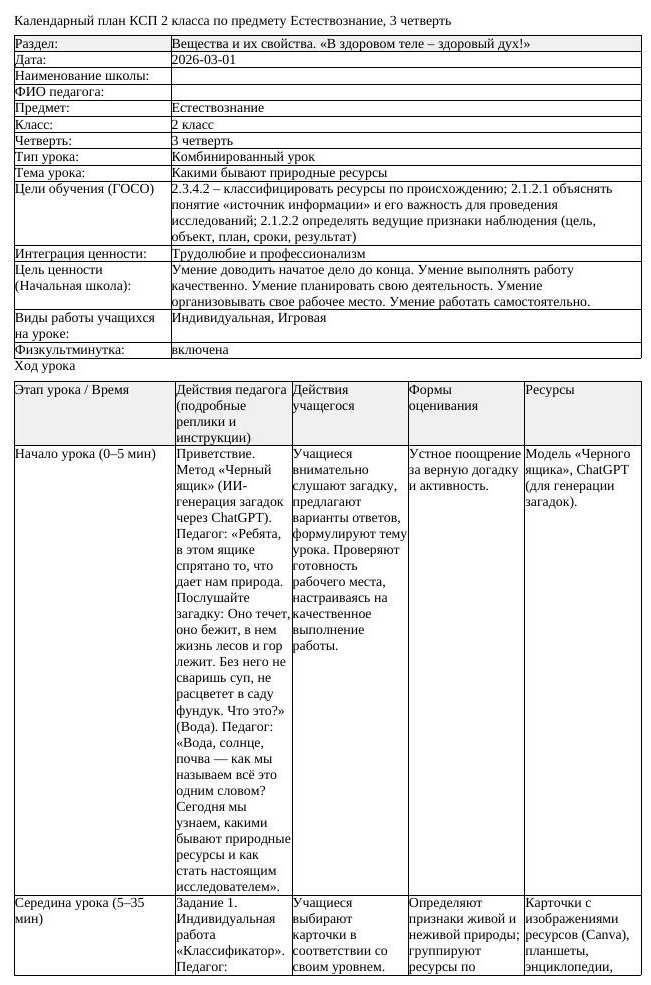 КСП Естествознание 2 класс 3 четверть Какими бывают природные ресурсы (урок 1)