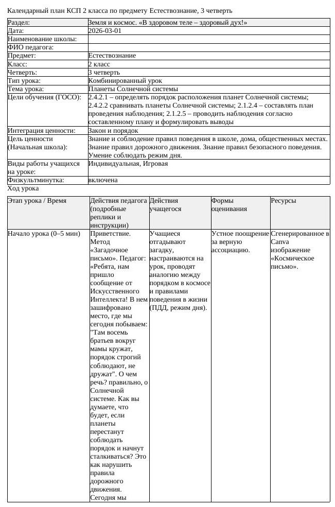 КСП Естествознание 2 класс 3 четверть Планеты Солнечной системы (урок 1)