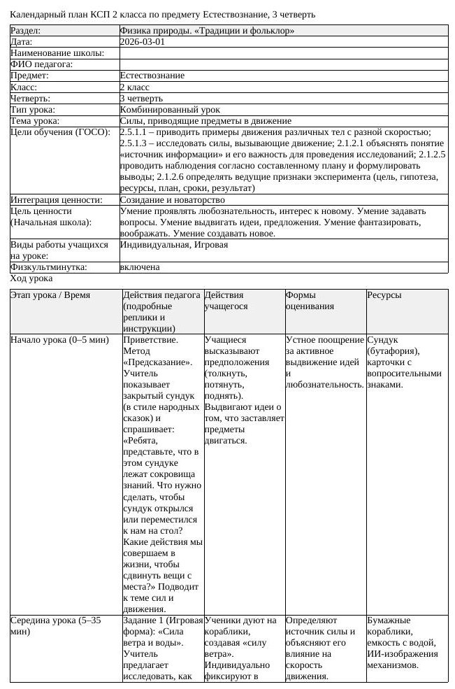 КСП Естествознание 2 класс 3 четверть Силы приводящие предметы в