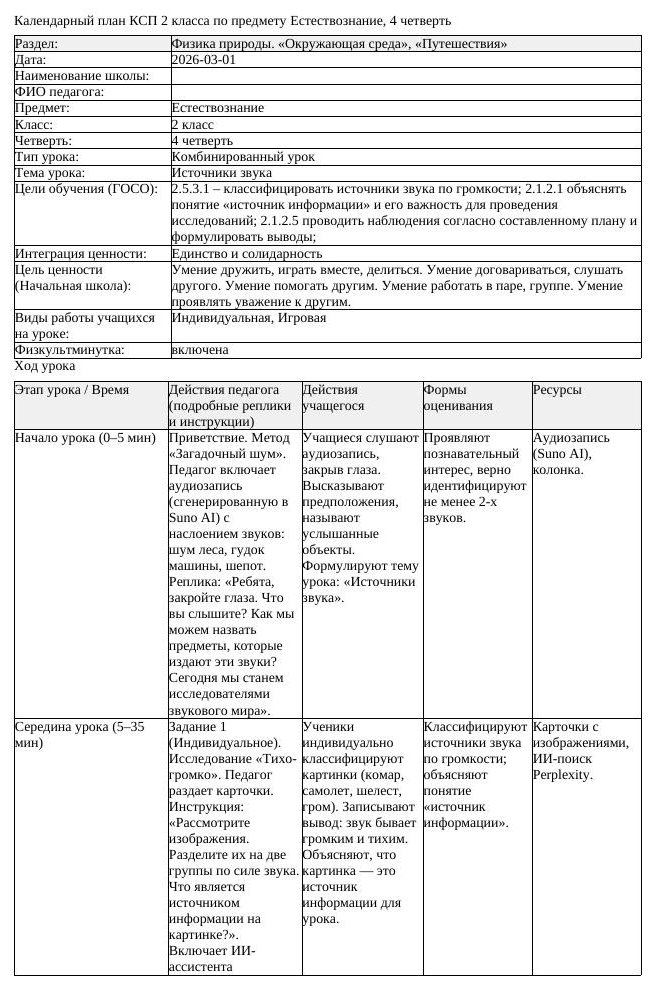 КСП Естествознание 2 класс 4 четверть Источники звука docx