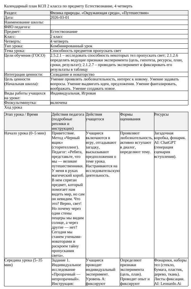 КСП Естествознание 2 класс 4 четверть Способность предметов пропускать (урок 1)