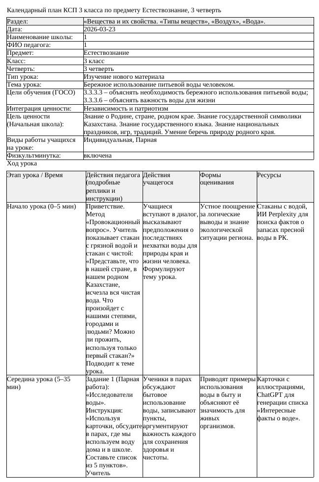 КСП Естествознание 3 класс 3 четверть Бережное использование питьевой