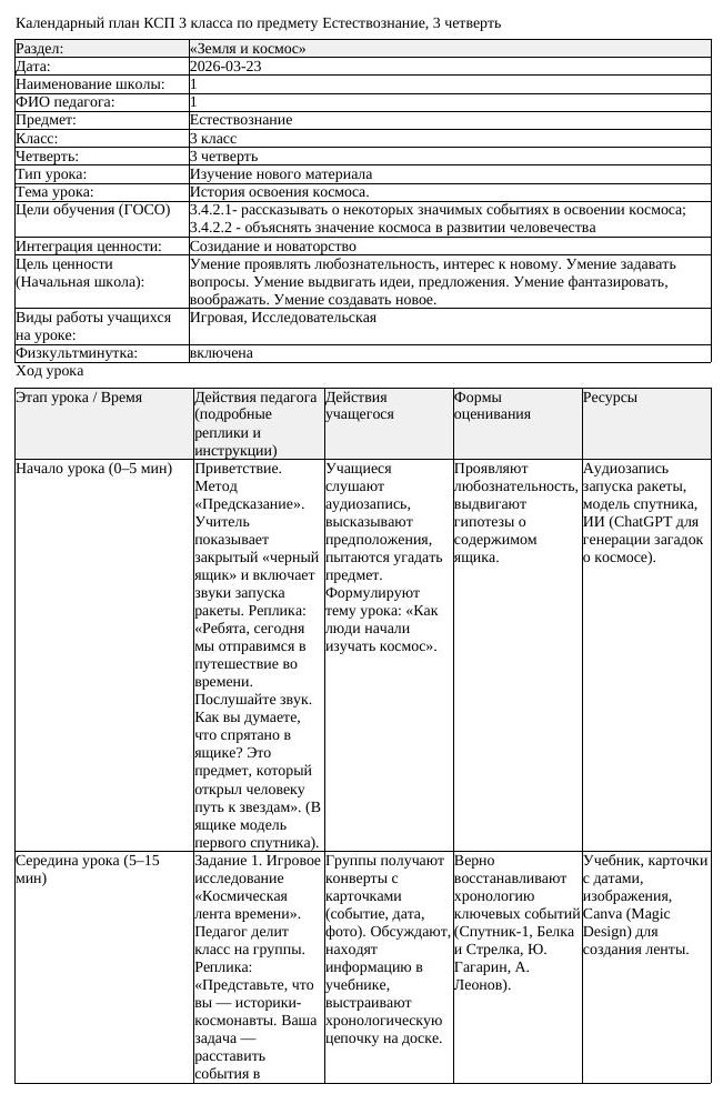 КСП Естествознание 3 класс 3 четверть История освоения космоса