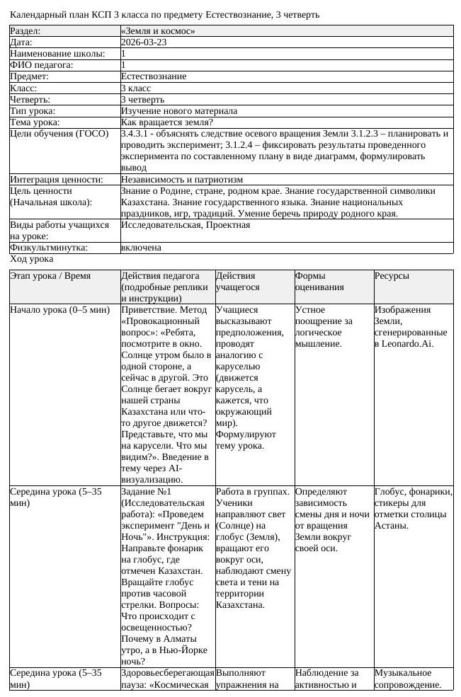 КСП Естествознание 3 класс 3 четверть Как вращается земля