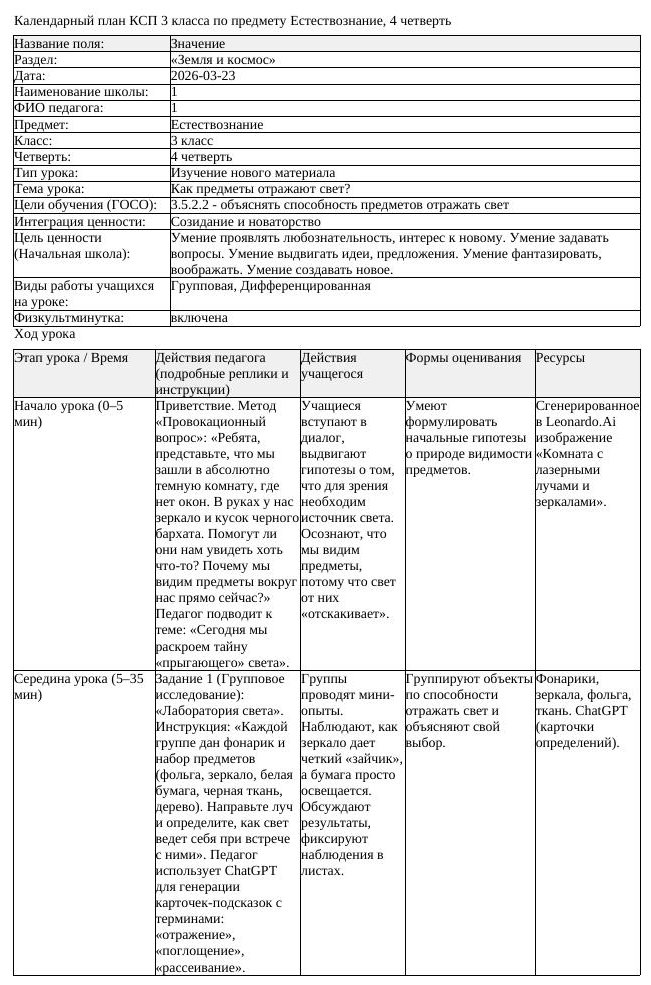 КСП Естествознание 3 класс 4 четверть Как предметы отражают свет