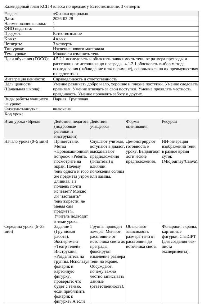 КСП Естествознание 4 класс 3 четверть Можно ли изменить тень