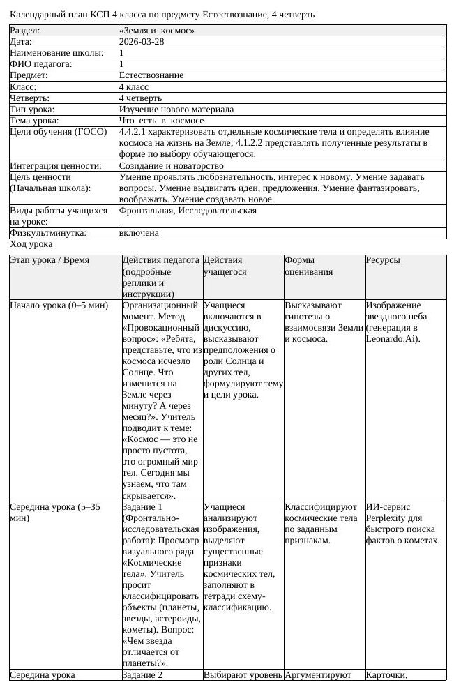 КСП Естествознание 4 класс 4 четверть Что есть в космосе