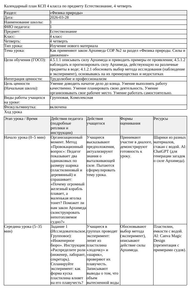 КСП Естествознание 4 класс 4 четверть Как применяют закон Архимеда