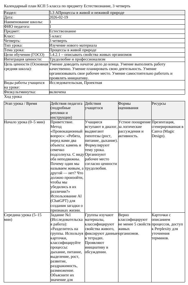 КСП Естествознание 5 класс 3 четверть Процессы в живой природе (урок 3)