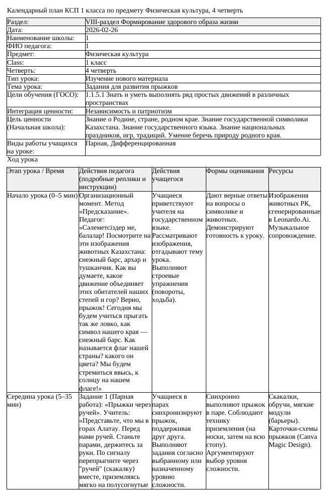 КСП Физическая культура 1 класс 4 четверть Задания для развития прыжков