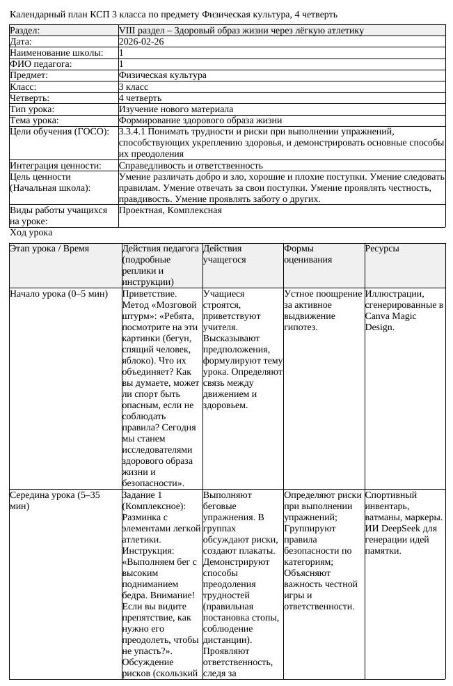 КСП Физическая культура 3 класс 4 четверть Формирование здорового (урок 2)