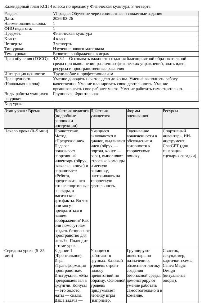 КСП Физическая культура 4 класс 3 четверть Развитие воображения в