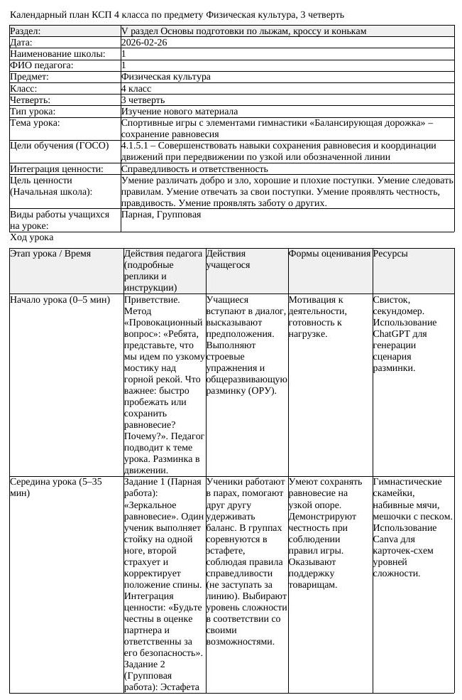КСП Физическая культура 4 класс 3 четверть Спортивные игры с элементами (урок 1)