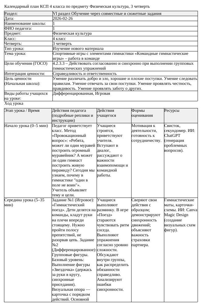 КСП Физическая культура 4 класс 3 четверть Спортивные игры с элементами (урок 4)