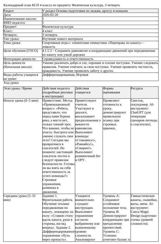 КСП Физическая культура 4 класс 3 четверть Спортивные игры с элементами (урок 6)