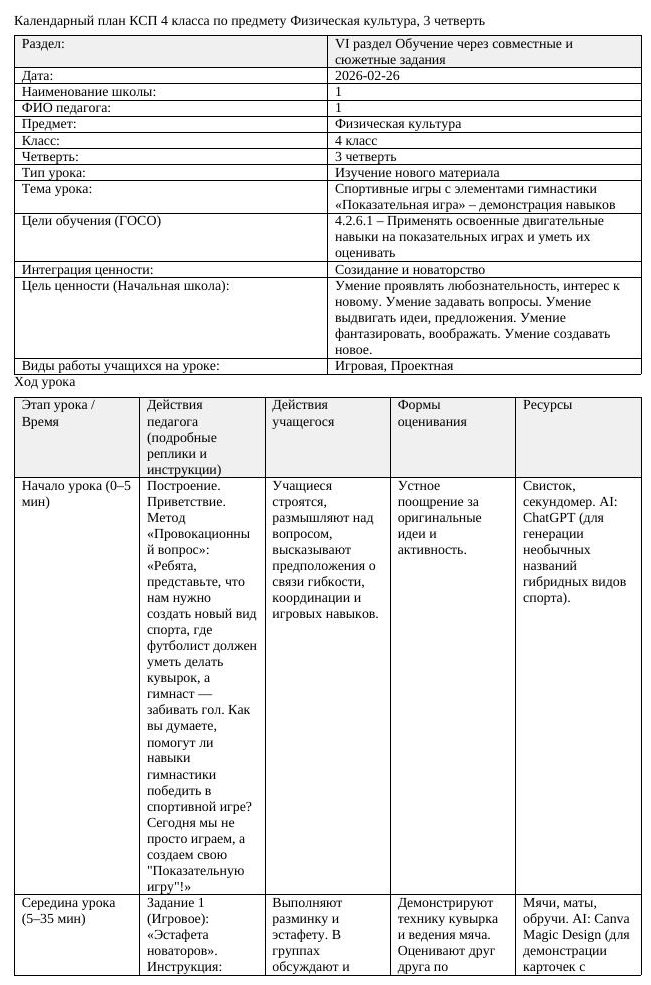 КСП Физическая культура 4 класс 3 четверть Спортивные игры с элементами (урок 7)