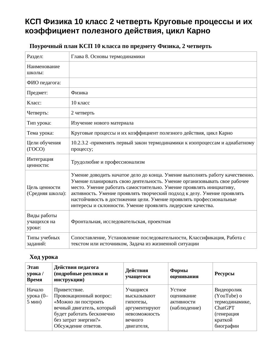 КСП Физика 10 класс 2 четверть Круговые процессы и их коэффициент полезного действия, цикл Карно