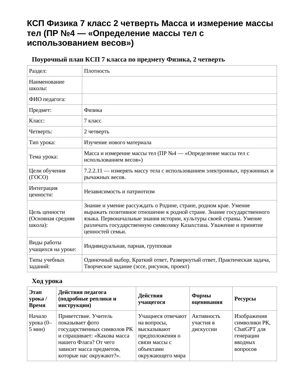 КСП Физика 7 класс 2 четверть Масса и измерение массы тел (ПР №4 — «Определение массы тел с использованием весов»)