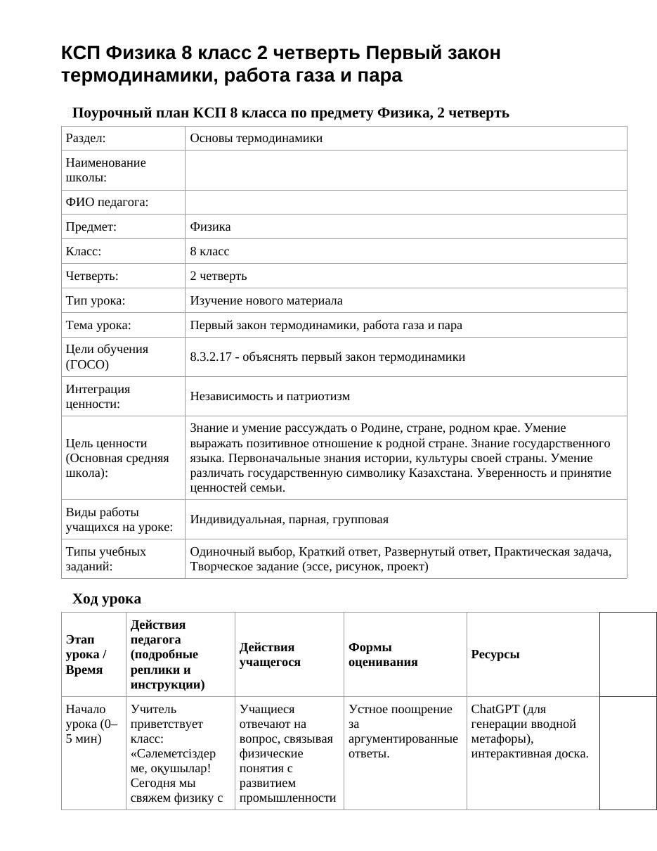 КСП Физика 8 класс 2 четверть Первый закон термодинамики, работа газа и пара
