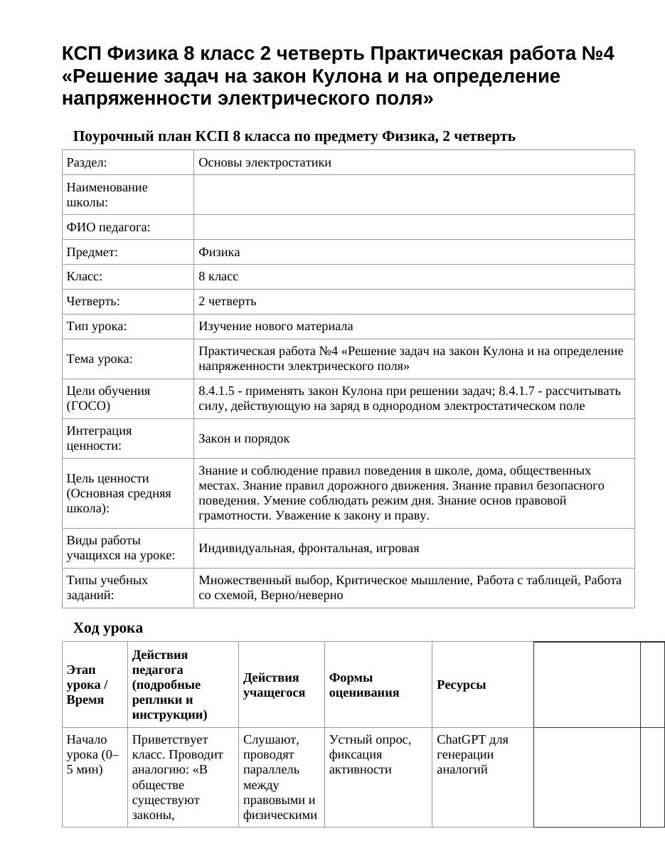 КСП Физика 8 класс 2 четверть Практическая работа №4 «Решение задач на закон Кулона и на определение напряженности электрического поля»