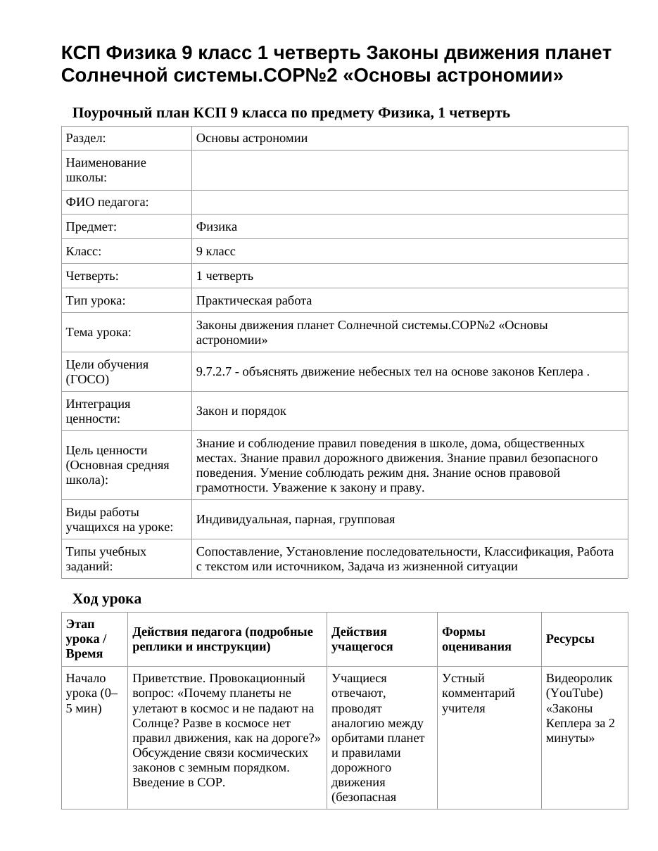 КСП Физика 9 класс 1 четверть Законы движения планет Солнечной системы.СОР№2 «Основы астрономии»