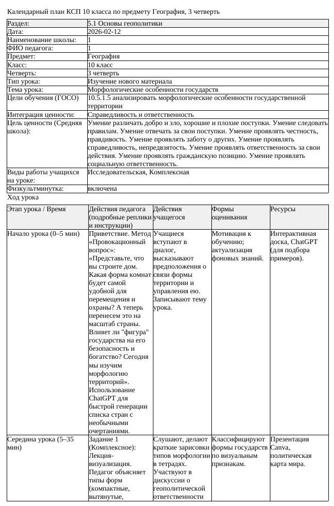 КСП География 10 класс 3 четверть Морфологические особенности государств (урок 3)