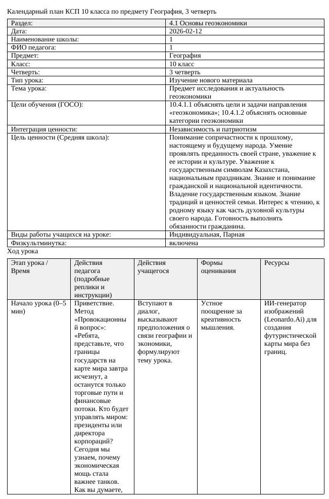 КСП География 10 класс 3 четверть Предмет исследования и актуальность (урок 1)