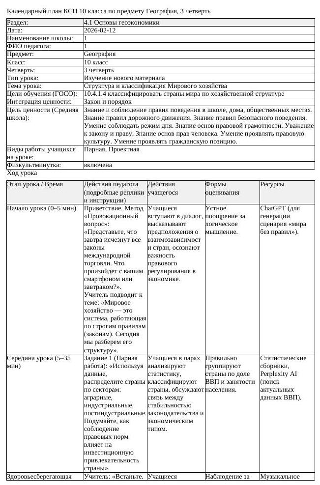 КСП География 10 класс 3 четверть Структура и классификация Мирового (урок 3)