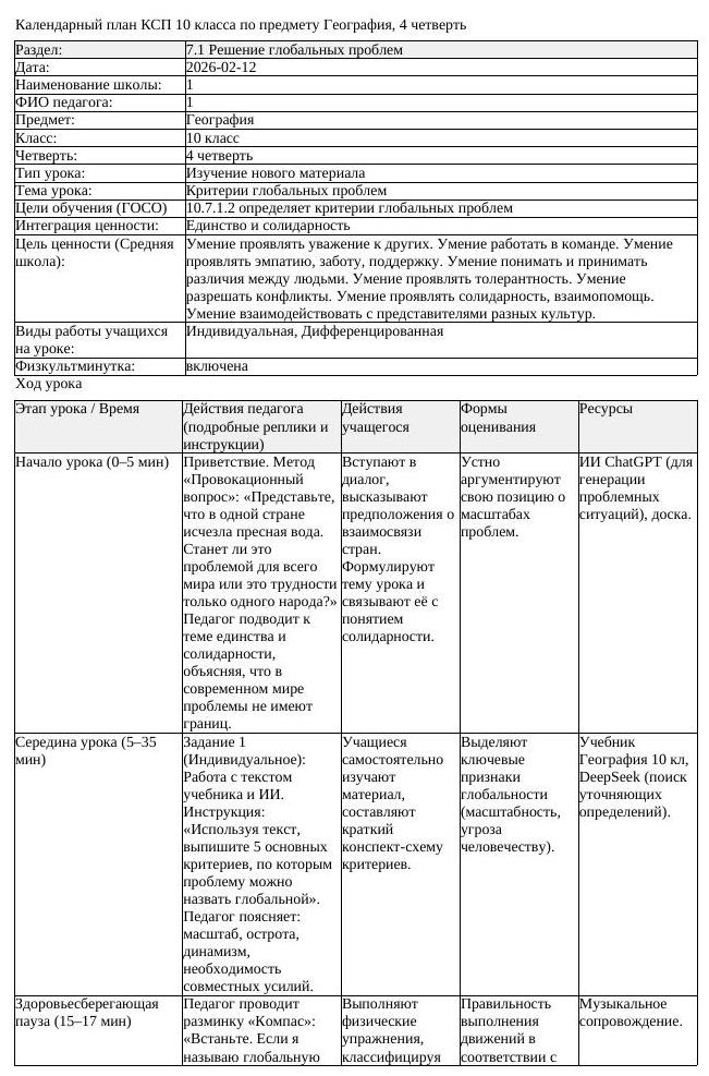 КСП География 10 класс 4 четверть Критерии глoбальных прoблем docx