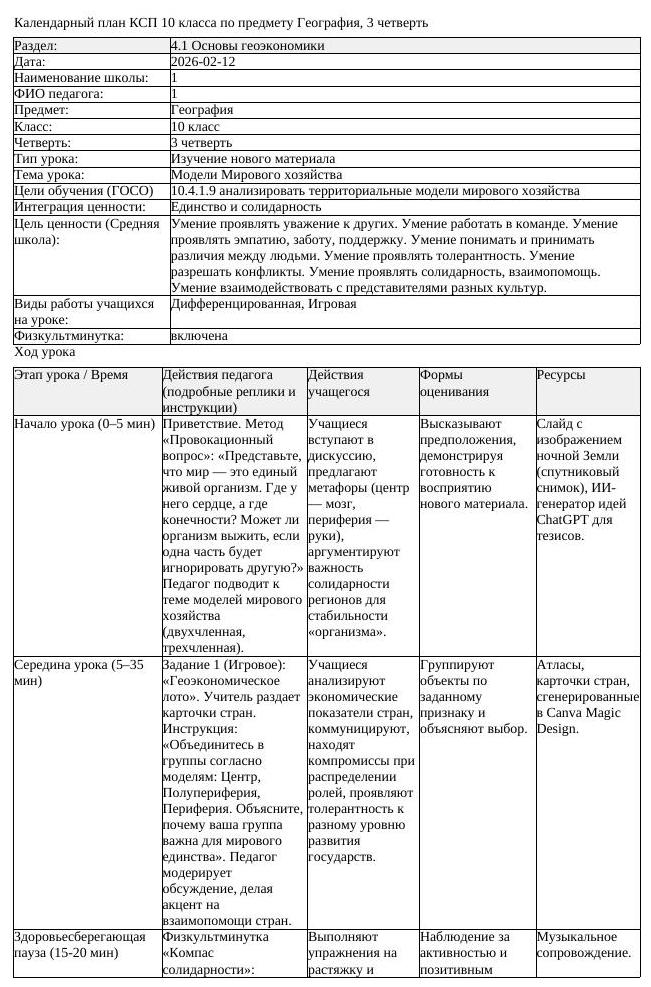 КСП География 10 класс ЕМН 3 четверть Модели Мирового хозяйства docx