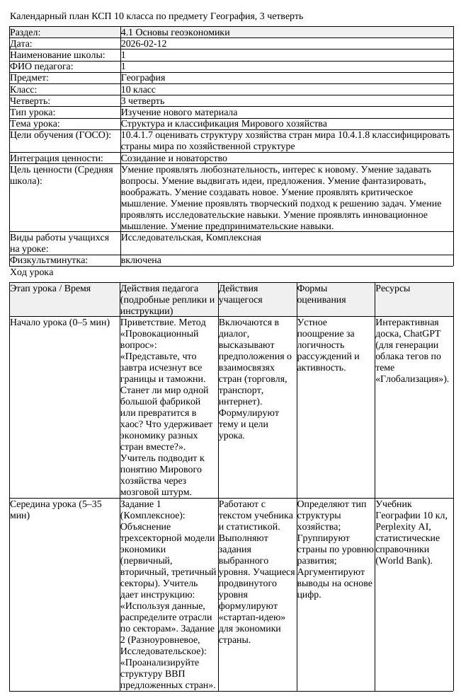 КСП География 10 класс ЕМН 3 четверть Структура и классификация Мирового (урок 2)