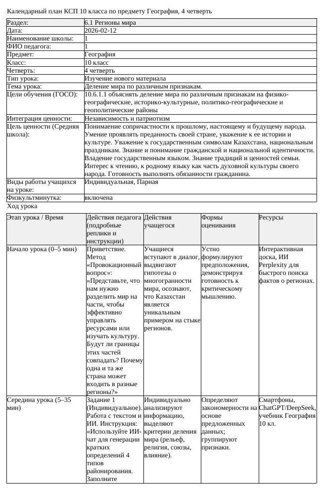 КСП География 10 класс ЕМН 4 четверть Деление мира по различным признакам (урок 2)