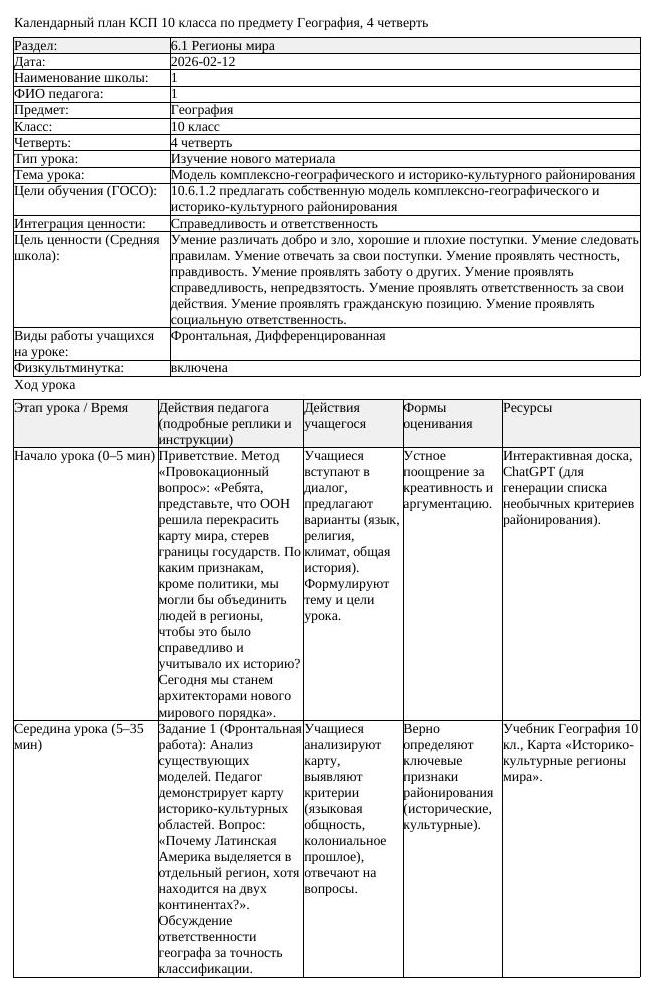 КСП География 10 класс ЕМН 4 четверть Модель комплексно географического (урок 2)