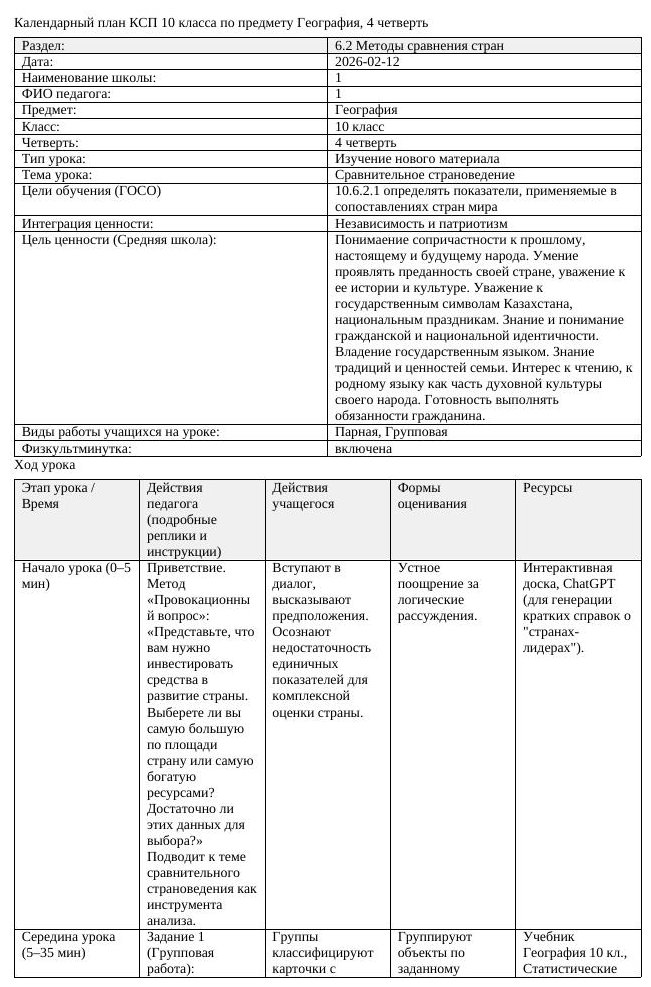 КСП География 10 класс ЕМН 4 четверть Сравнительное страноведение (урок 2)