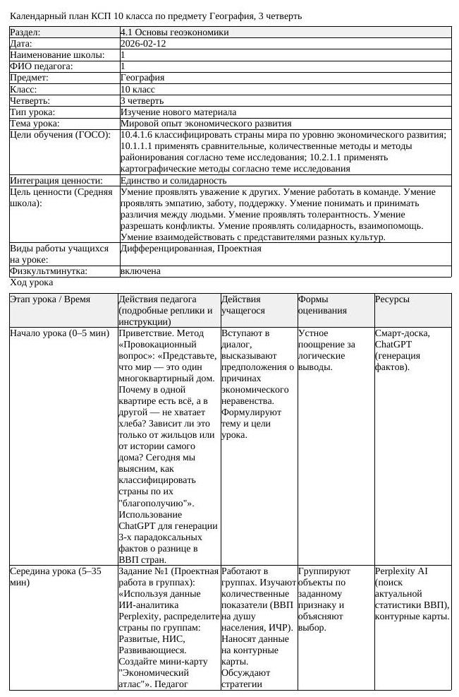 КСП География 10 класс ОГН 3 четверть Мировой опыт экономического