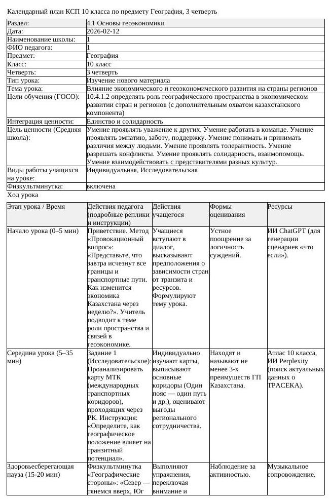 КСП География 10 класс ОГН 3 четверть Влияние экономического и геоэкономическ