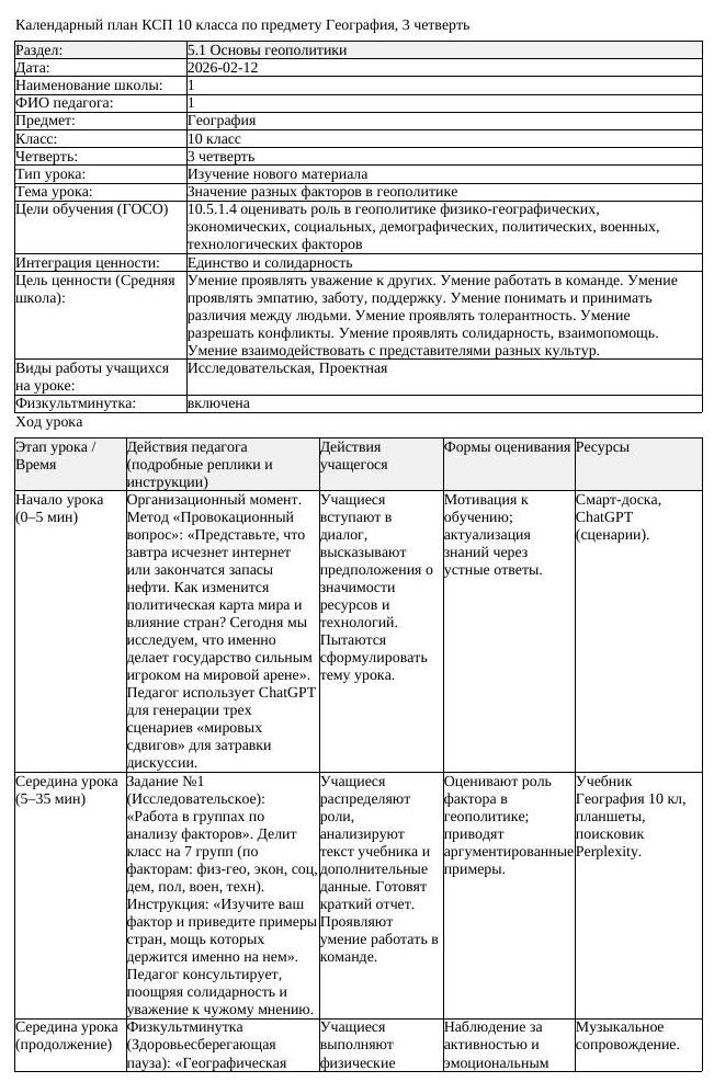 КСП География 10 класс ОГН 3 четверть Значение разных факторов в геополитике