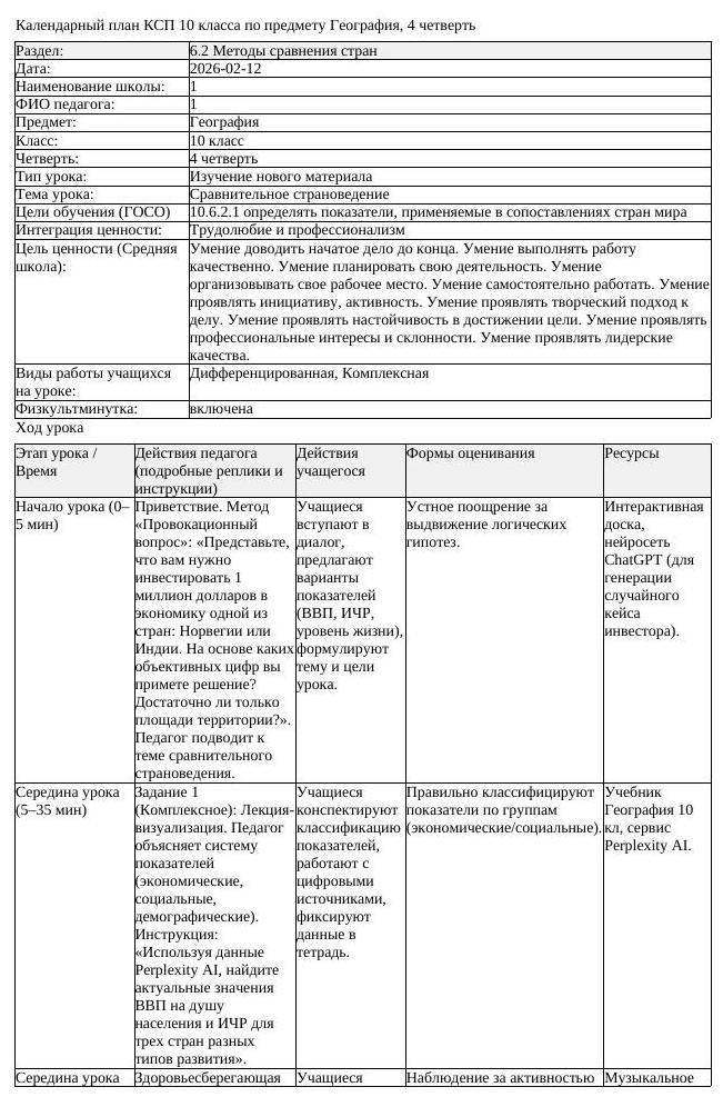 КСП География 10 класс ОГН 4 четверть Сравнительное страноведение