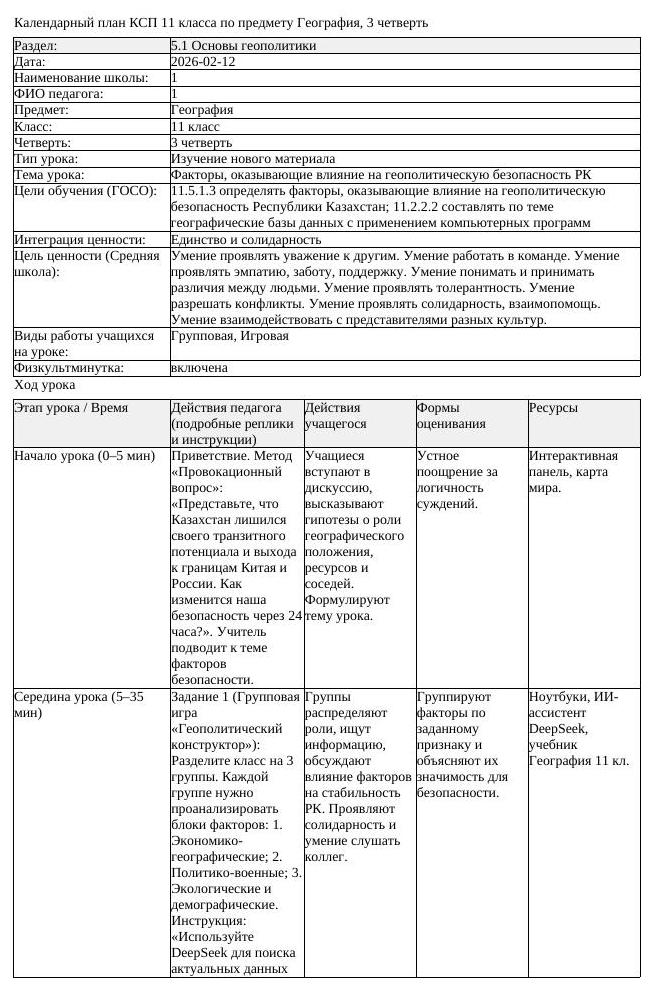 КСП География 11 класс 3 четверть Факторы оказывающие влияние на геополитичес