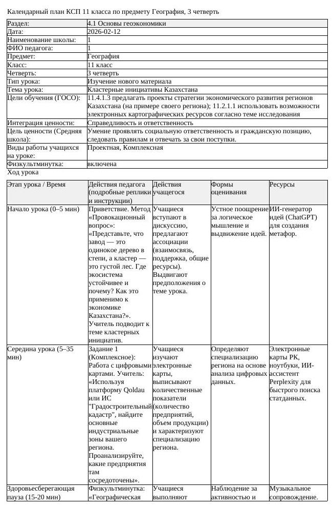 КСП География 11 класс 3 четверть Кластерные инициативы Казахстана