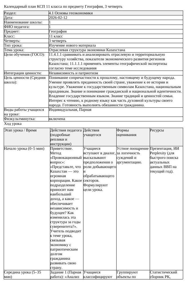 КСП География 11 класс 3 четверть Отраслевая структура экономики Казахстана