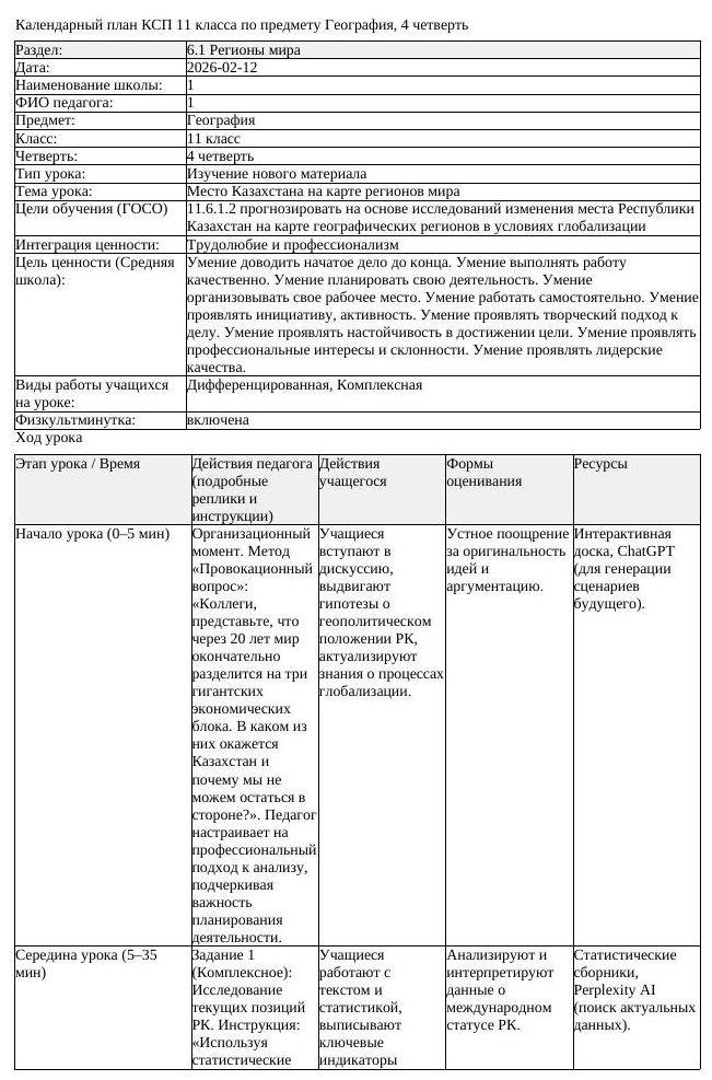 КСП География 11 класс 4 четверть Место Казахстана на карте регионов