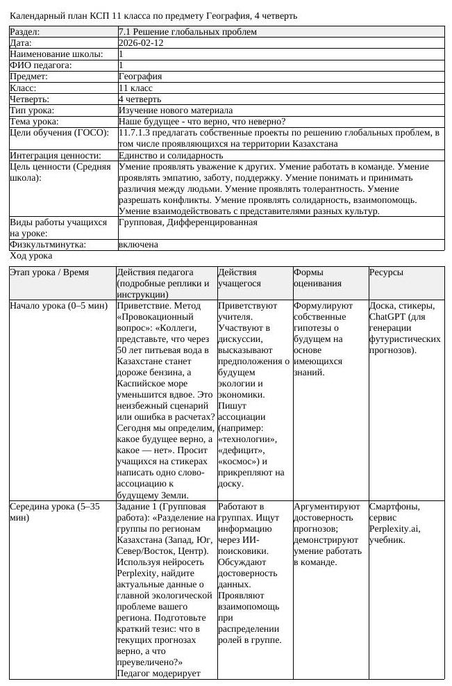 КСП География 11 класс 4 четверть Наше будущее что верно что неверно