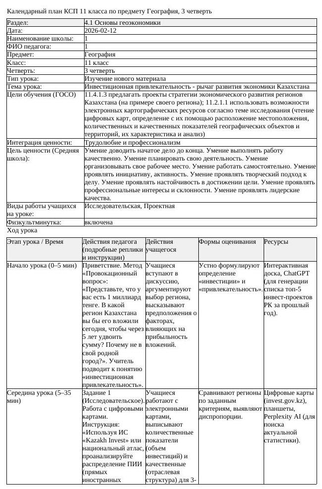 КСП География 11 класс ОГН 3 четверть Инвестиционная привлекательность