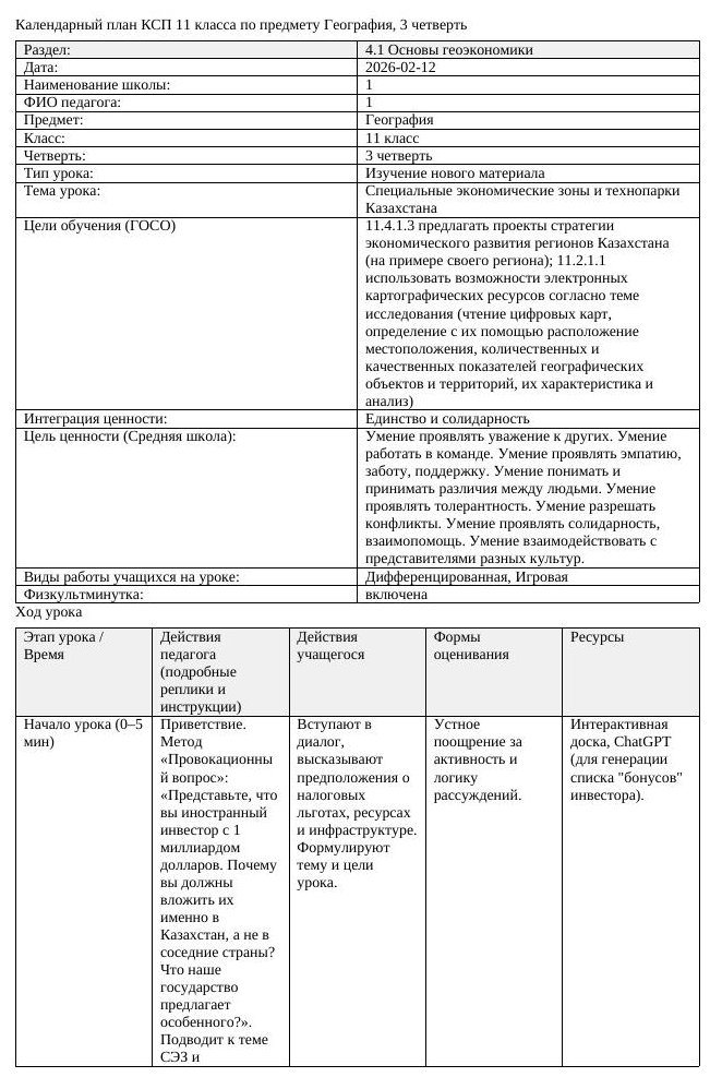 КСП География 11 класс ОГН 3 четверть Специальные экономические зоны