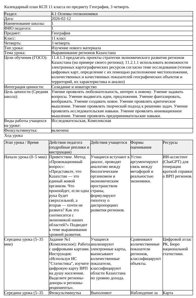 КСП География 11 класс ОГН 3 четверть Выравнивание регионов Казахстана
