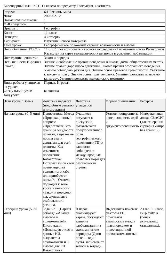 КСП География 11 класс ОГН 4 четверть Географическое положение страны