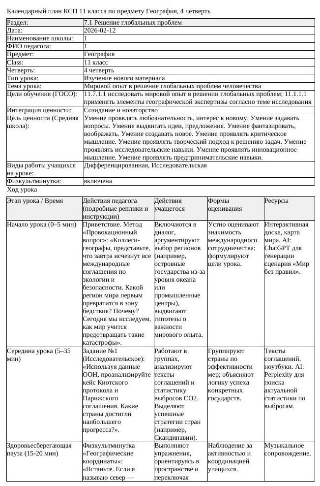 КСП География 11 класс ОГН 4 четверть Мировой опыт в решение глобальных